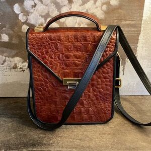 Roche Leather Company Crocodile Embossed‎ Leather Crossbody Bag Brown Black